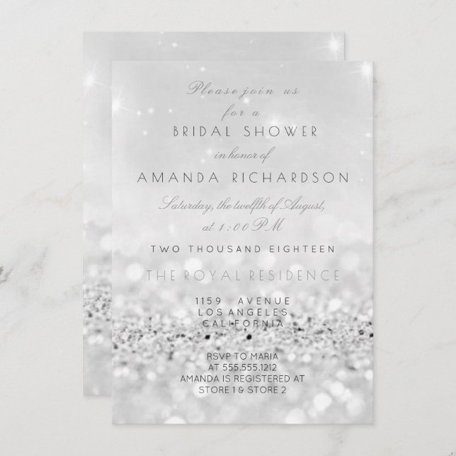 Silver Grey White Glitter Bridal Shower Invitation (Front/Back)