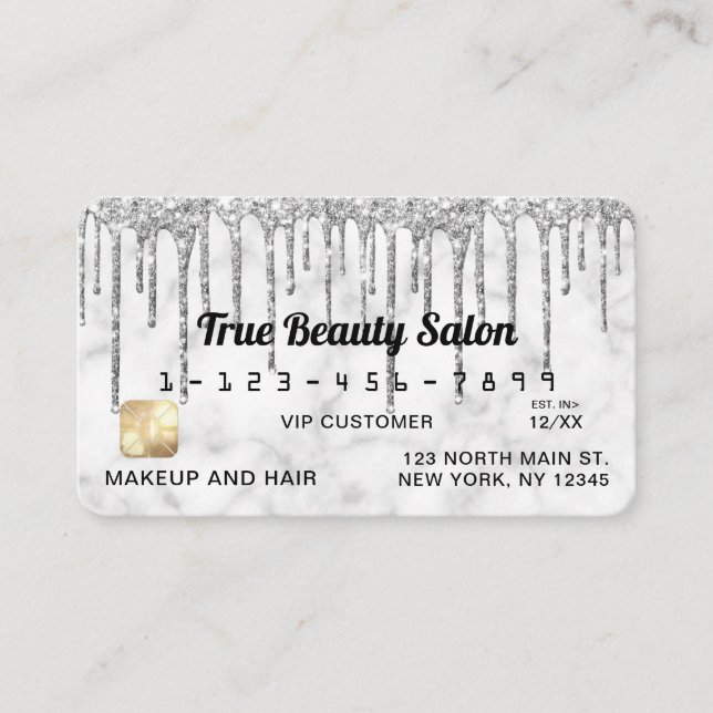 Silver Grey White Marble Glitter Drips Credit Business Card (Front)