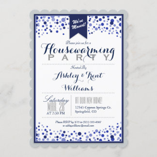Silver Grey, White, Navy Blue Housewarming Party Invitation