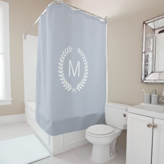 Silver Grey White Wheat Laurel Wreath Initial Shower Curtain (In Situ)