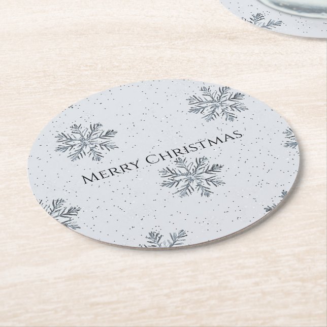 Silver Grey Winter Snowflakes Christmas Round Paper Coaster (Angled)