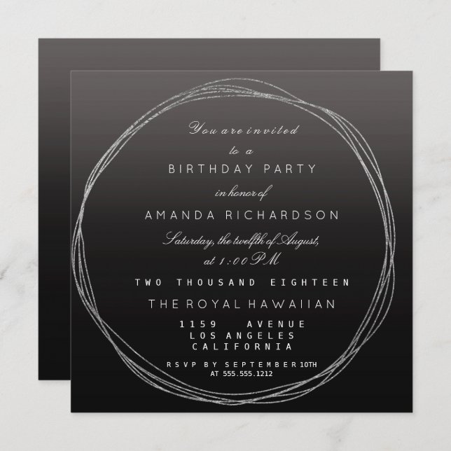 Silver Grey Wreath Birthday Black Ombre Invitation (Front/Back)