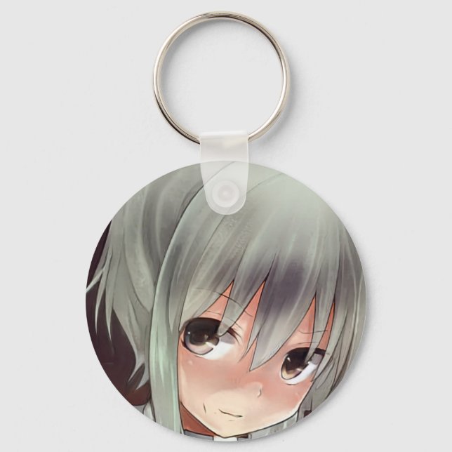 Silver haired anime girl in shadow kitty voices key ring (Front)