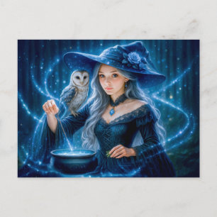 Silver haired witch with owl and cauldron holiday postcard