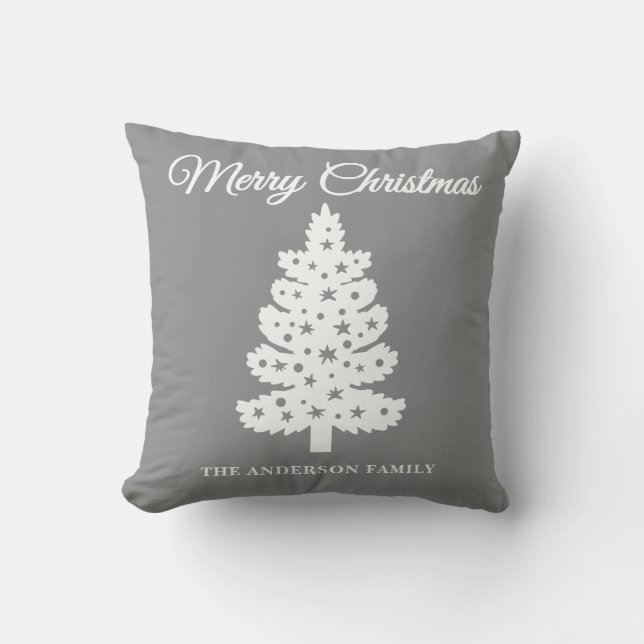 Silver Handwritten Script Christmas Tree Cushion (Front)