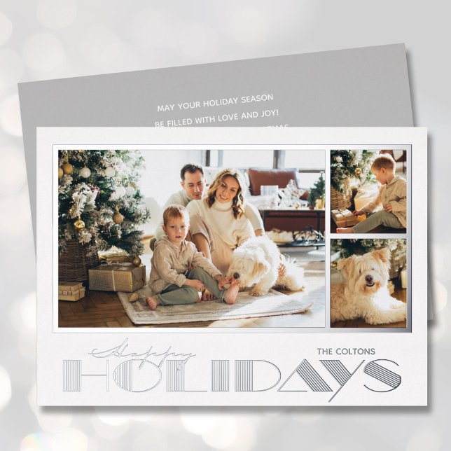 Silver Happy Holidays Multi Photos Foil Holiday Card (Creator Uploaded)