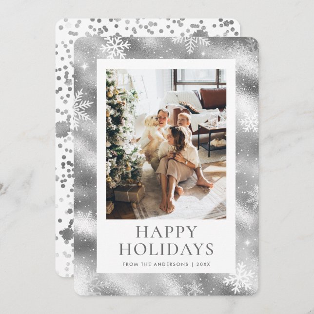Silver Happy Holidays Snowflake Snow Photo Holiday Card (Front/Back)