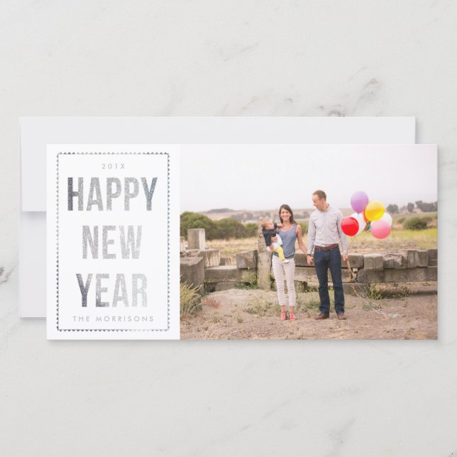 Silver Happy New Year Faux Glitter on White Holiday Card (Front)