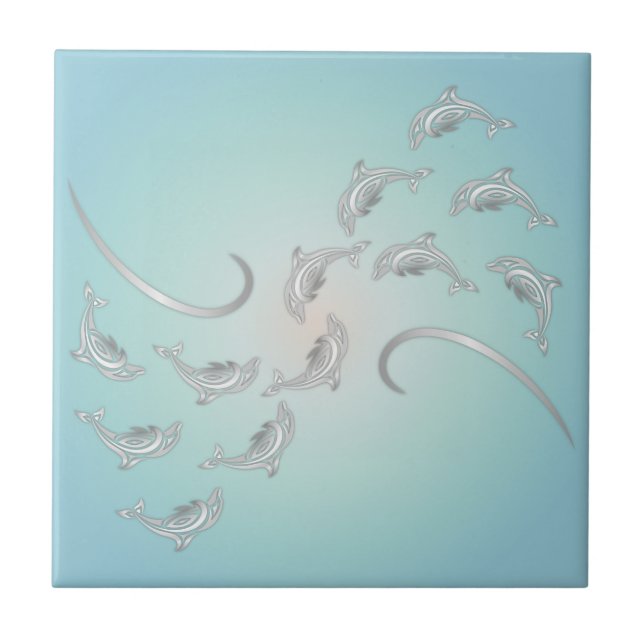 "Silver Hawaiian Waves" | Modern Coastal Ceramic Tile (Front)