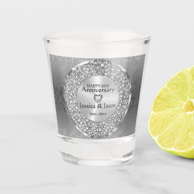 Silver Heart And White Diamonds- Anniversary Shot Glass (Front)