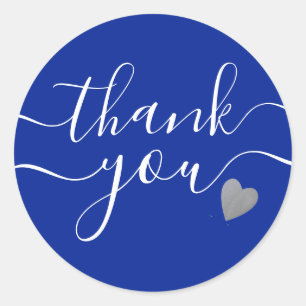 Silver Heart Blue And White Thank You   Classic Round Sticker