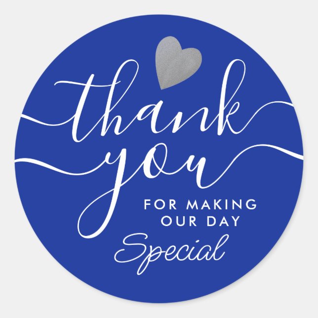 Silver Heart Blue And White Thank You Favour Classic Round Sticker (Front)