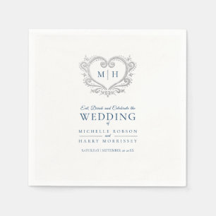 Silver heart blue wreath monogram wedding napkins