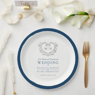 Silver heart blue wreath monogram wedding paper plate