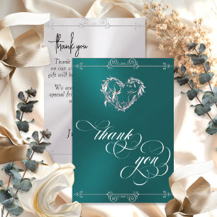 Silver Heart & Calligraphy on Teal/White Thank You Card