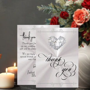 Silver Heart & Calligraphy on White Thank You Card