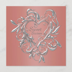 Silver Heart Coral Sweet Sixteen Birthday Invitation