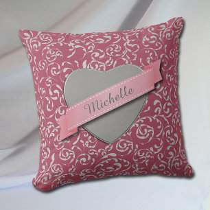 Silver Heart Damask on Pink Personalised Cushion