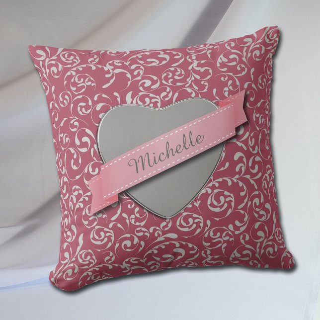 Silver Heart Damask on Pink Personalised Cushion (Creator Uploaded)