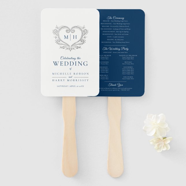 Silver heart dark blue and white wedding program hand fan (Front and Back)