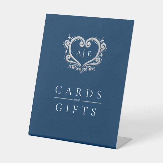 Silver heart monogram blue wedding cards and gifts pedestal sign (Front)