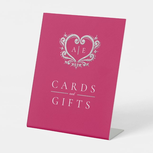 Silver heart monogram red wedding cards and gifts pedestal sign (Front)