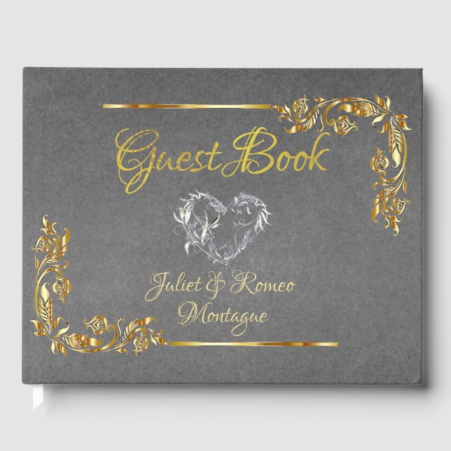  Silver Heart on Grey with Gold Border Guest Book (Front)