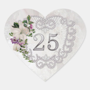 Silver heart, pearl, lily 25th Wedding Anniversary Heart Sticker