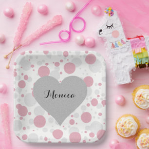 Silver Heart Pink Bridal Shower Polka Dots Party Paper Plate