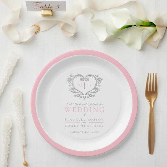 Silver heart pink wreath monogram wedding paper plate (Wedding)