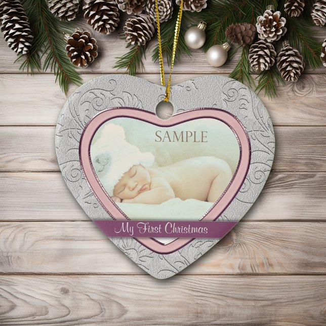Silver Heart Swirl Baby Girl First Christmas Ceramic Ornament (Creator Uploaded)