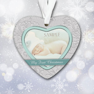 Silver Heart Teal Baby First Christmas Ornament