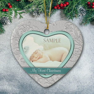 Silver Heart Teal Swirl Baby First Christmas Ceramic Tree Decoration