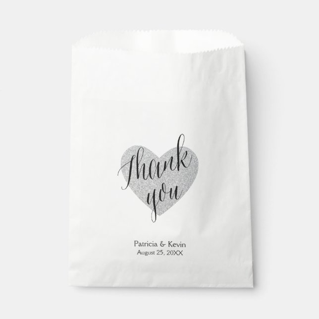 Silver heart thank you personalised favour bag (Front)