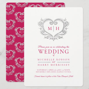 Silver heart wedding berry red and white invitation