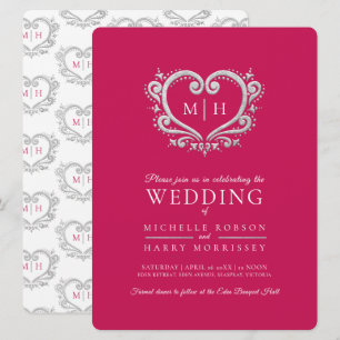 Silver heart wedding berry red and white invitation