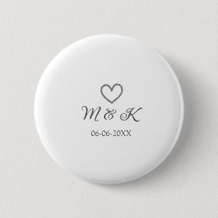 Silver heart wedding couple name letter modern 6 cm round badge