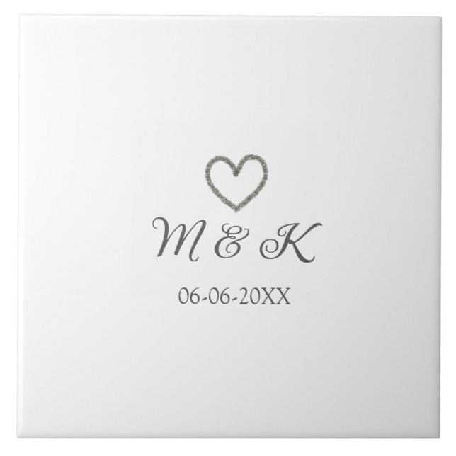 Silver heart wedding couple name letter modern  ceramic tile (Front)