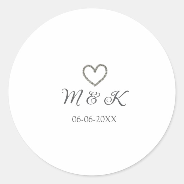 Silver heart wedding couple name letter modern  classic round sticker (Front)