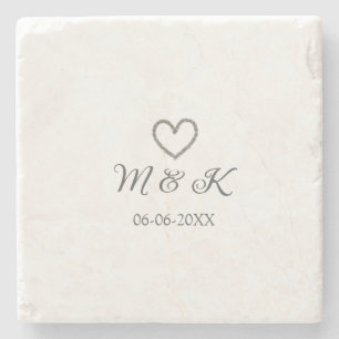 Silver heart wedding couple name letter modern stone coaster