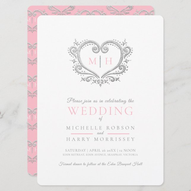 Silver heart wedding pink and white invitation (Front/Back)
