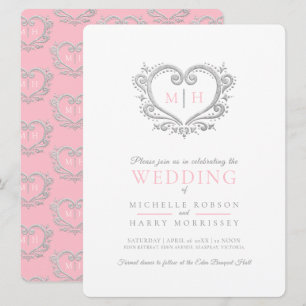 Silver heart wedding pink and white invitation
