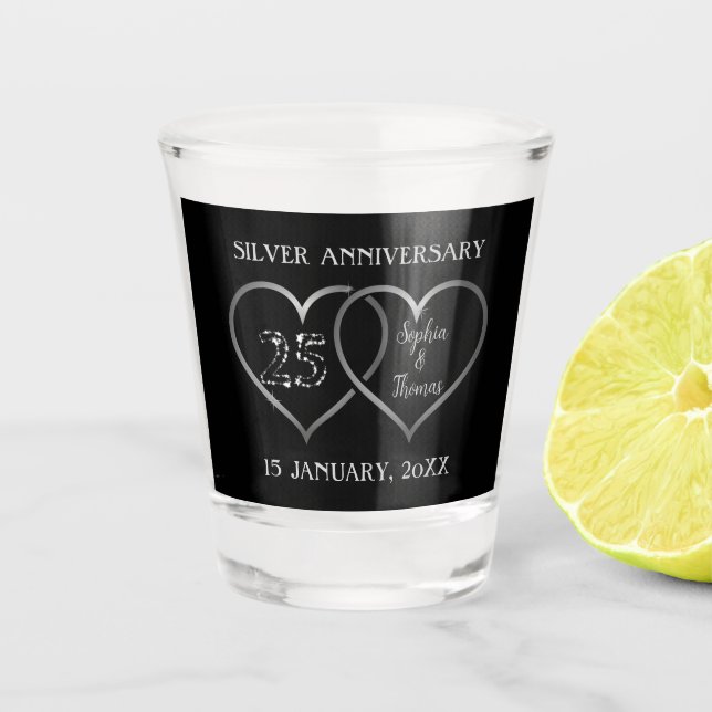 Silver Hearts And Sparkling Numbers Shot Glass (Front)