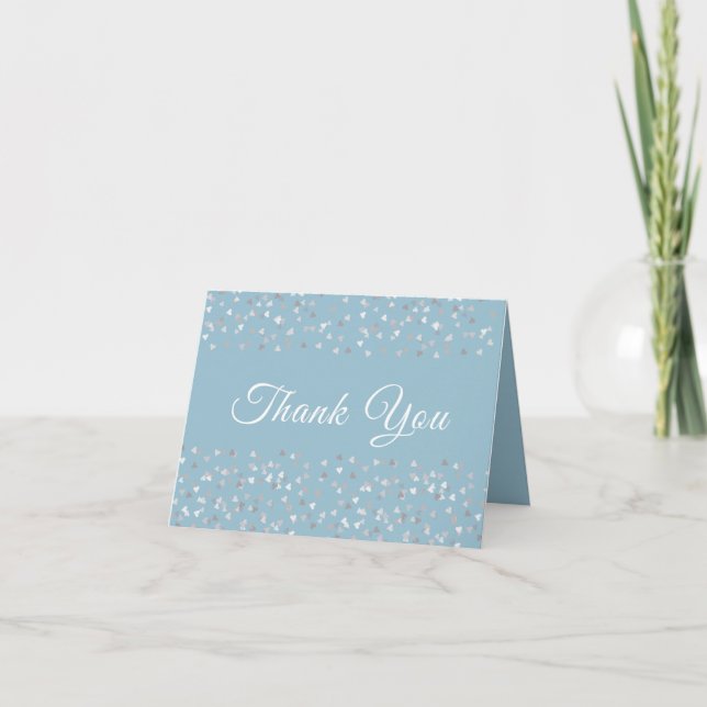 Silver Hearts Confetti Elegant Script Thank You Card (Front)