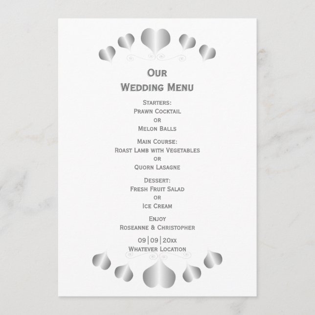 Silver Hearts Design Wedding Menu (Front)