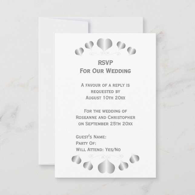 Silver Hearts Design Wedding RSVP Card (Front)