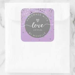 silver hearts handmade with love monogram square sticker