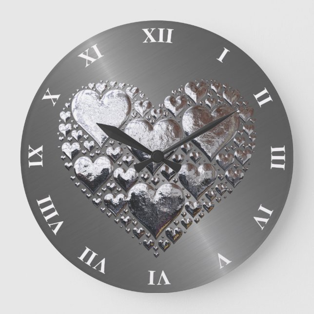 Silver Hearts On Brushed Steel Large Clock (Front)