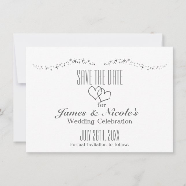 Silver Hearts & Sparkle Wedding Save The Date Card (Front)