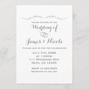 Silver Hearts & Sparkle White Wedding Invitations